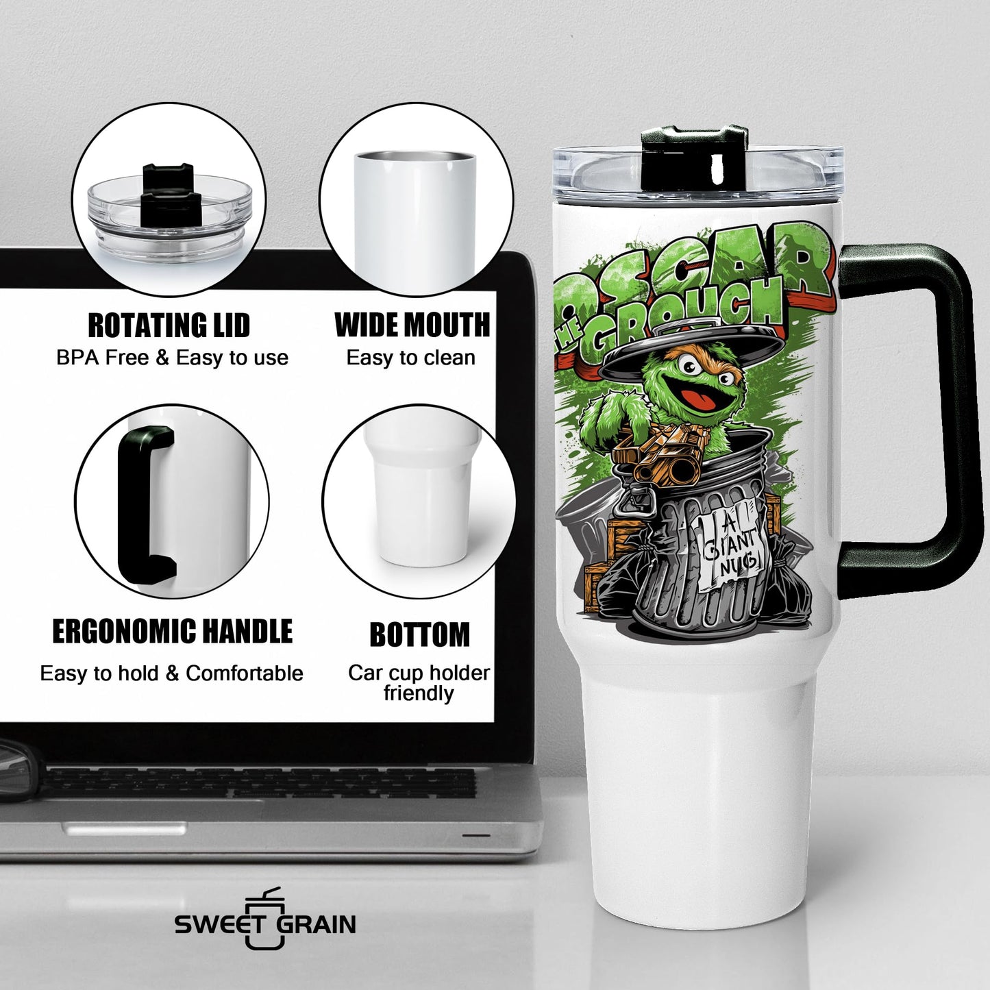 sweet grain Sublimation Tumblers 40 oz with Handle(4 Pack) - Stainless Steel Double Wall Vacuum Insulated Large Tumbler Bulk with Removable Handle and Straw - Black & White Handle