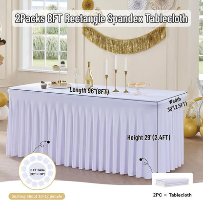 Outpain White Spandex Table Clothes for 8 Foot Rectangle Tables-2Pack 8FT Spandex Fitted Table Cover, Wrinkle Free Tablecloths with Skirt for Parties, Wedding, Birthday, Banquet, Festival