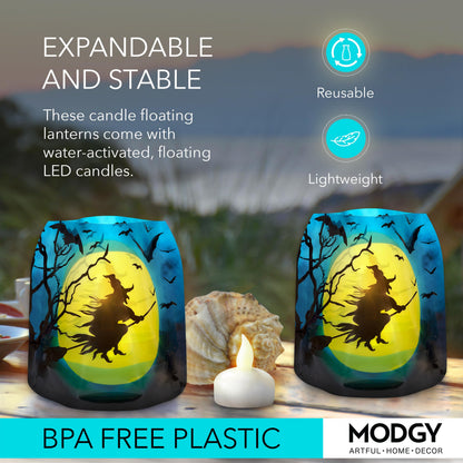MODGY Luminary Lanterns Candle Holder Decorative Indoor Outdoor Decor, Lanterns for Wedding Centerpiece Decoration Outside Patio, with Flameless Floating LED Candles, WitchyWoman Pack of 2