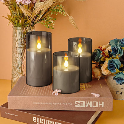 SUNGEGE Flameless Candles, 3-Pack Battery Operated Candles, 3x4/5/6 Inches, Gray, LED Flickering Light, Acrylic Material, Safe for Kids and Pets, Perfect for Home Décor, Events, and Holiday Occasions