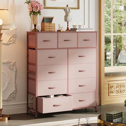 WLIVE Tall Dresser for Bedroom, Fabric Dresser Storage Tower, Chest of Drawers Organizer Unit with 11 Drawers, Storage Cabinet, Hallway, Closets, Steel Frame, Wood Top, Pink