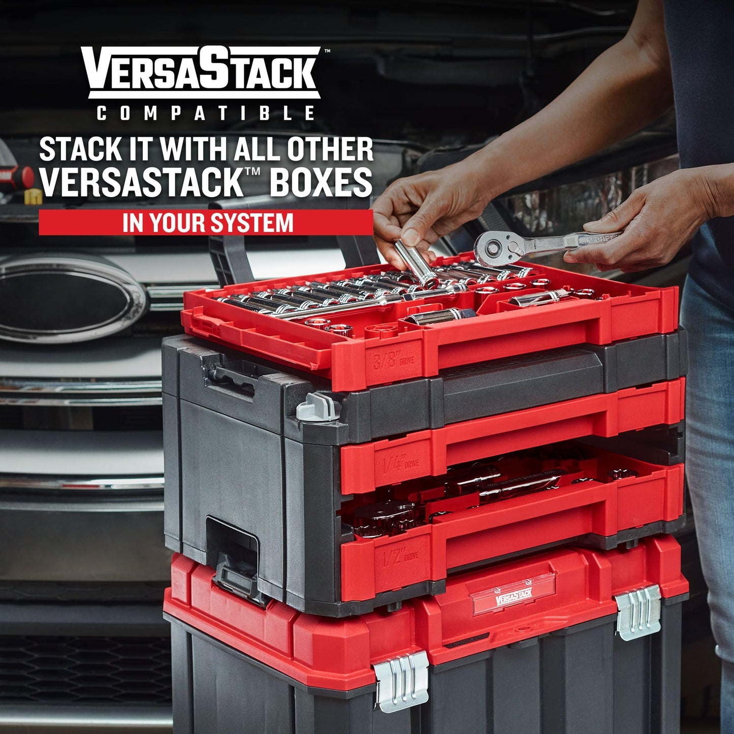 CRAFTSMAN 230 Pcs Mechanics Tool Set, Socket Wrench Set, Car Tool Kit with VERSASTACK Toolbox, SAE and Metric,1/4 in, 3/8 in, and 1/2 Drive, Short and Long Arm Hex Keys (CMMT45306)