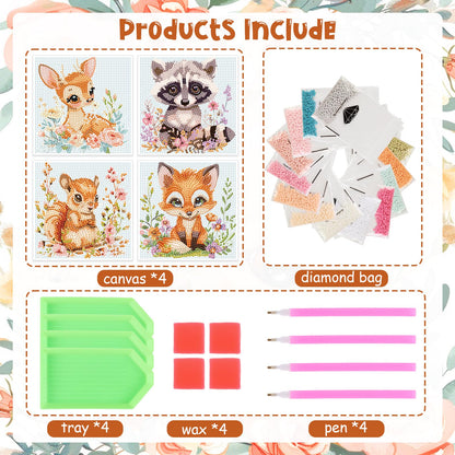 Cheerupp 4 Pcs Woodland Animal Diamond Art Kits for Kids, Cute Jungle Animal DIY Creative Diamond Art Sticker Craft by Number for Adults Beginner, Full Round Drill Gem Art for Home Wall Decor