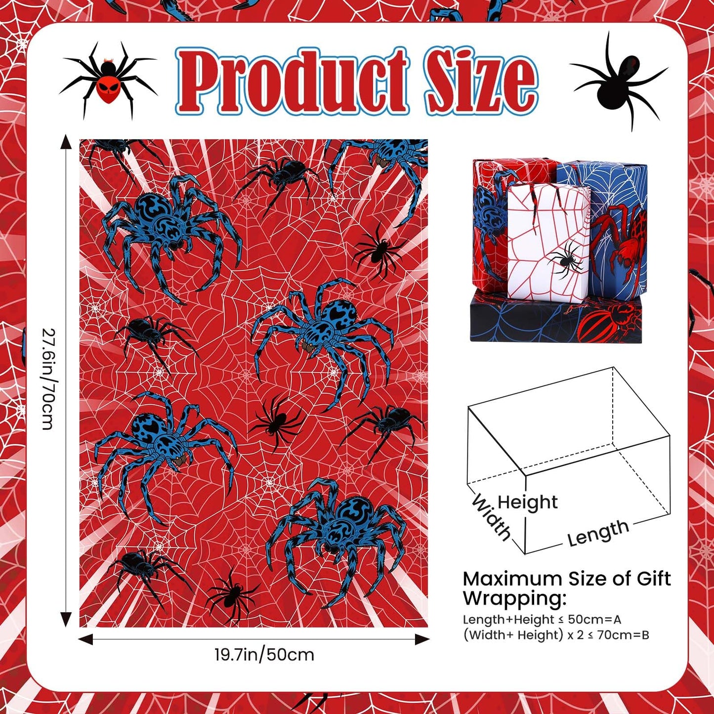 Pineraap 12 Sheets Spider Wrapping Paper, Spider Web Gift Wrap Blue Red Gift Packing for Boys Men Birthday Party DIY Crafts, 19.7 x 27.6 Inch