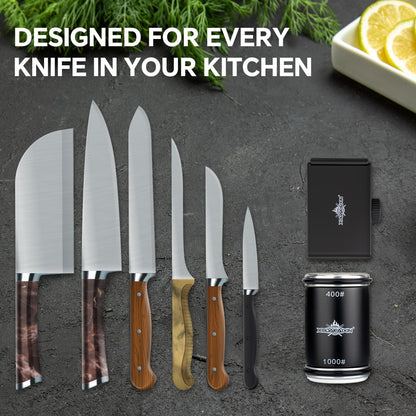 The Innovative Knife Sharpener - Patented Multi-Angle Premium Rolling Knife Sharpener with Extra Replacement Head for Chef's, Fruit, and All Steel Knives (Black)