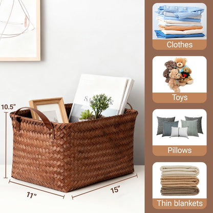 Stylave 15L Laundry Baskets Waterproof Storage Baskets For Shelves Large Laundry Hamper With Leather Handle -set of 4 Cube Organizers Woven Bins for Bathroom,Bedroom,Pantry,Clothes,Car & Towels-Brown