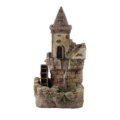 Alpine Corporation USA1164 Outdoor Floor Tiered Fairy Castle Waterwheel Water Fountain with Realistic Stone Look, 35", Brown