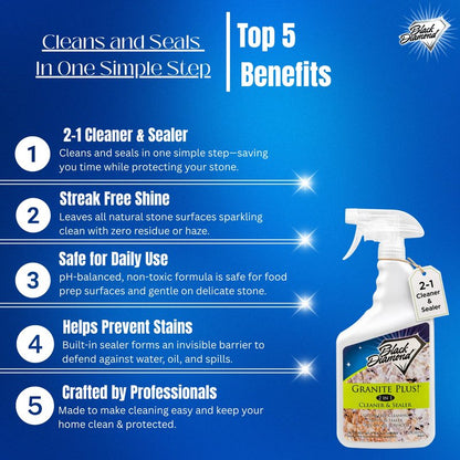 Black Diamond Stoneworks Granite Plus 2-in-1 Cleaner & Sealer, pH Neutral, Streak-Free Stone Cleaner for Granite, Marble, Quartz, Travertine & Limestone Countertops, Ready to Use (1-Gallon)