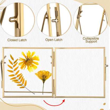 Vicenpal 5 Pack Glass Pressed Flower Frame Handmade, 4 x 4 floating Picture Frames for Pressed Flowers, Brass Double Glass for Tabletop Display, Home Office Plant Specimen, Photos(Gold)