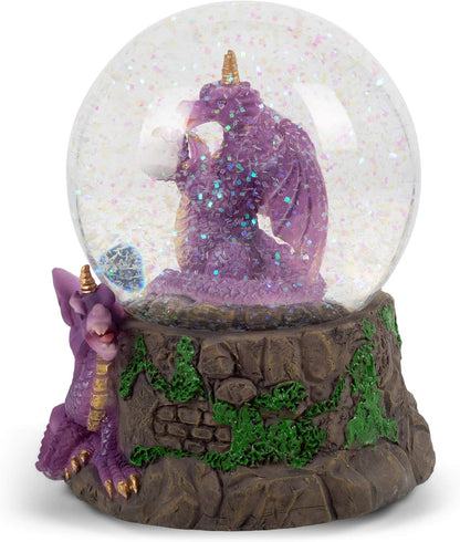 Elanze Designs Purple Dragon with Orb on Castle Tabletop Figurine Decoration, 100MM Glitter Water Musical Snow Globe