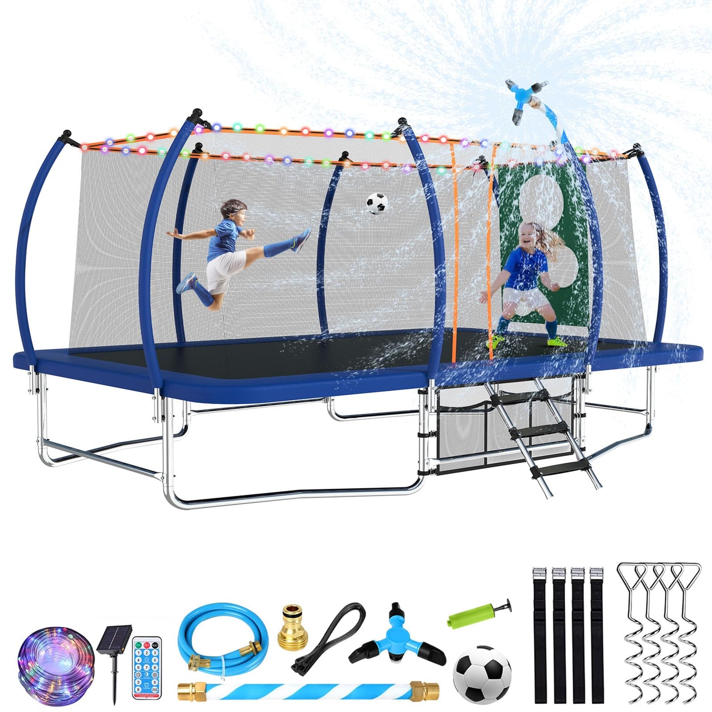 Lyromix 16FT Outdoor Rectangle Trampoline for Kids and Adults, Rectangular Trampoline with Curved Poles, Pumpkin Trampolin with Light, Sprinkler, Soccer and Storage Bag