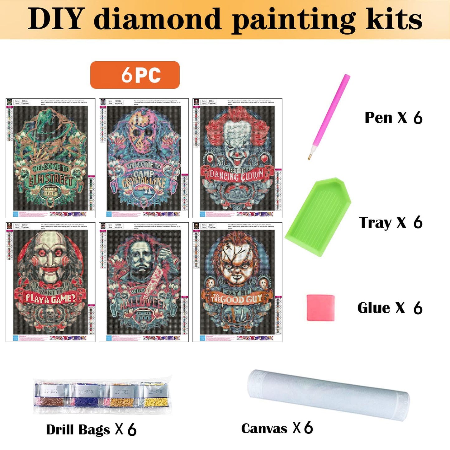 6 Pack Halloween Diamond Painting for Adults - 5D Horror Diamond Art Kits for Adults,Full Drill Diamond Dots DIY Diamonds Pictures Gem Crafts for Home Wall Decor Gifts(11.8x15.7inch)