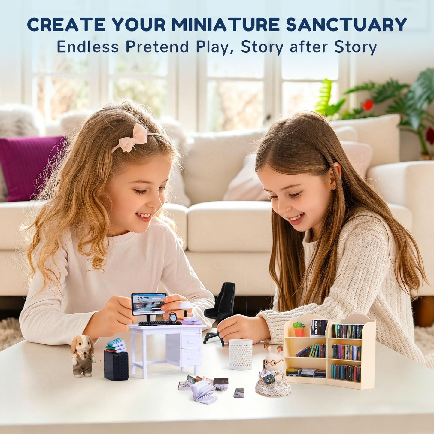 1:12 Scale Mini Desk Set with 100 Mini Books & 2 Bookshelves — Miniature Dollhouse Furniture Set with Office Chair, Computer & 15+ Accessories — Mini Desk Accessories for Doll House Diorama