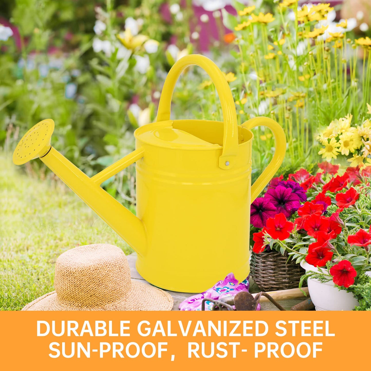 Lechloris Metal Watering Can for Outdoor Plants, Galvanized Steel Watering Can with Removable spout, 1 Gallon,Perfect Home & Garden Décor Yellow