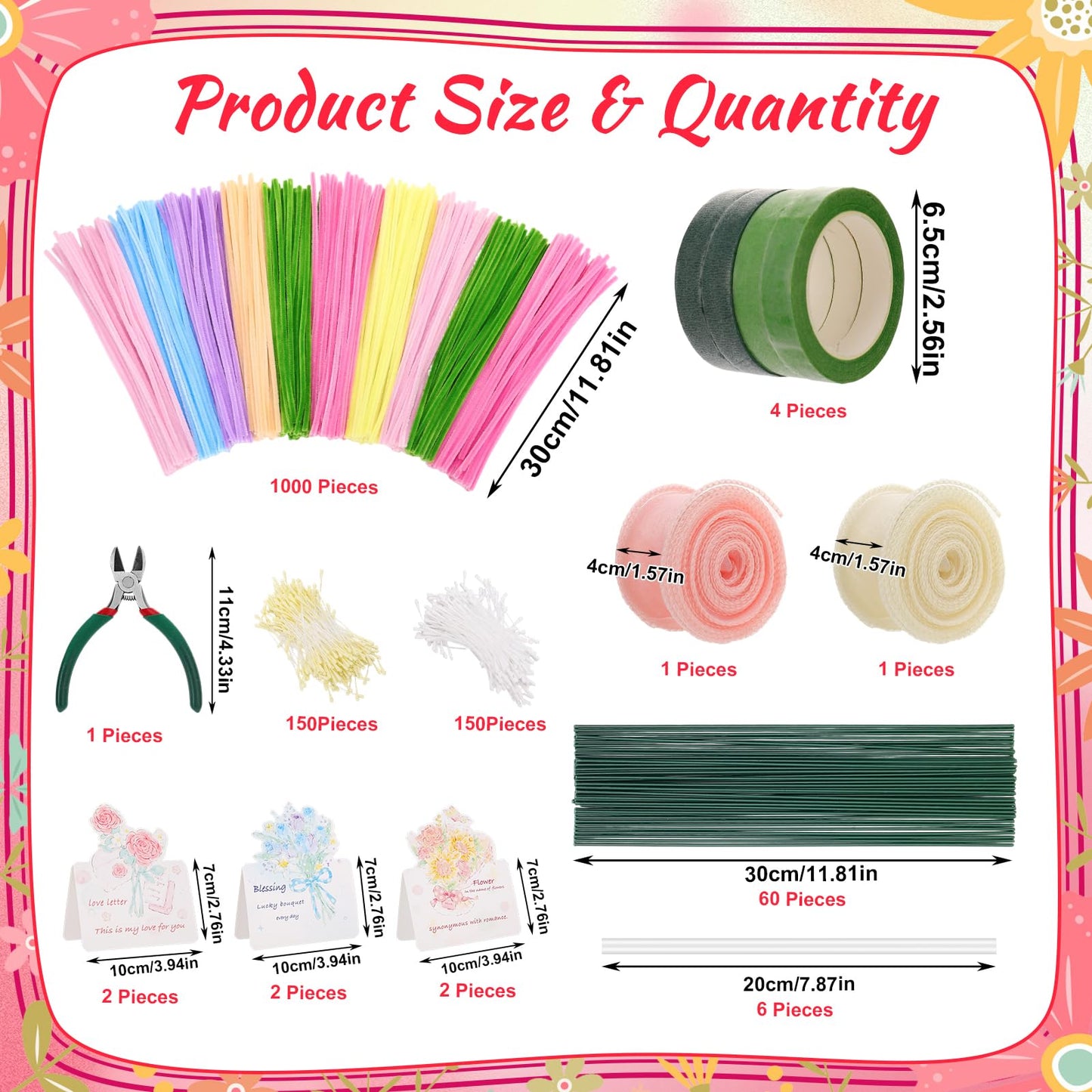 Ovveroche 1000 PCS Pipe Cleaners Craft, Pipe Cleaner Bulk Flower Kit with Handle, 7 Colors Chenille Stems Flower Making Kit with Floral Wires, Gardening Tape, Stamen, Ribbon for Art Craft Supplies