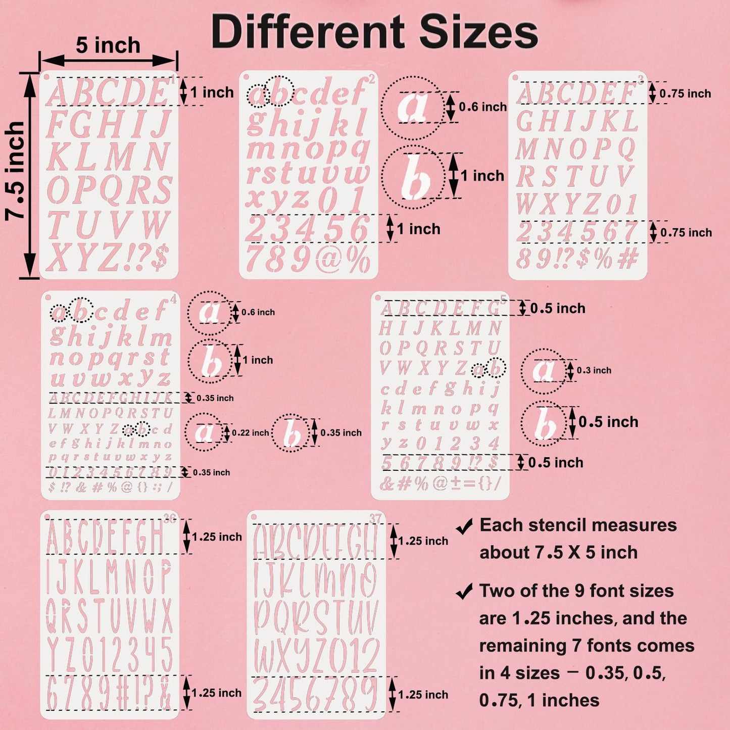 BAMIDELE Letter and Number Stencils for Painting - 40 PCS Small Alphabet Stencils (1, 0.75, 0.5, 0.35 Inch) for Crafts, Wood, Cakes - Reusable Plastic Bullet Journaling Letter Stencil (7.5 x 5 Inch)