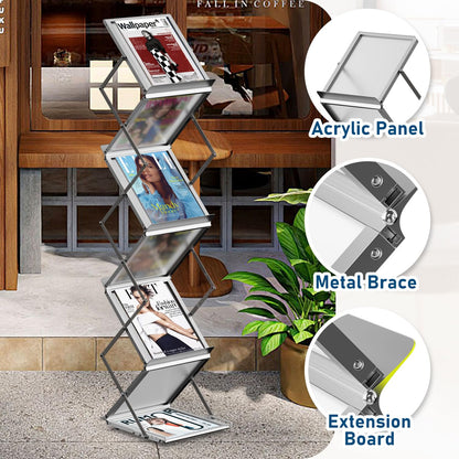 AceShow 6 Pockets Foldable Literature Rack - Aluminum Magazine Rack, Brochure Catalog Display Stand with Carrying Bag for Exhibition, Trade Show, Office, Retail Store, Home - Silver
