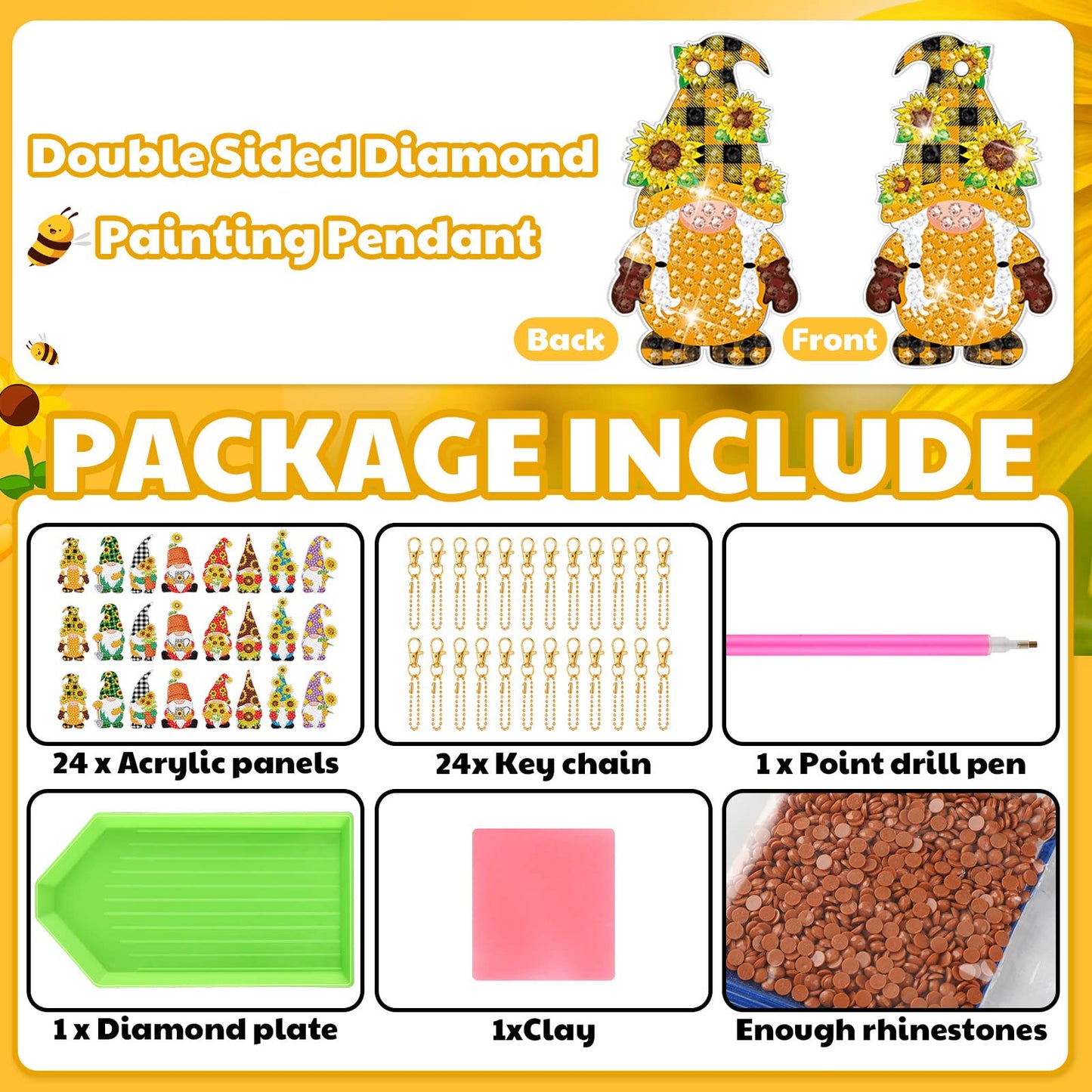 Outus 24 Pcs Gnome Diamond Drawing Keychains Kit Farmhouse Gnome Double Sided 5d for Diamond DIY Keychain Art Ornament for Beginners Adults Party Crafts DIY