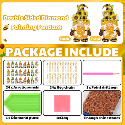 Outus 24 Pcs Gnome Diamond Drawing Keychains Kit Farmhouse Gnome Double Sided 5d for Diamond DIY Keychain Art Ornament for Beginners Adults Party Crafts DIY