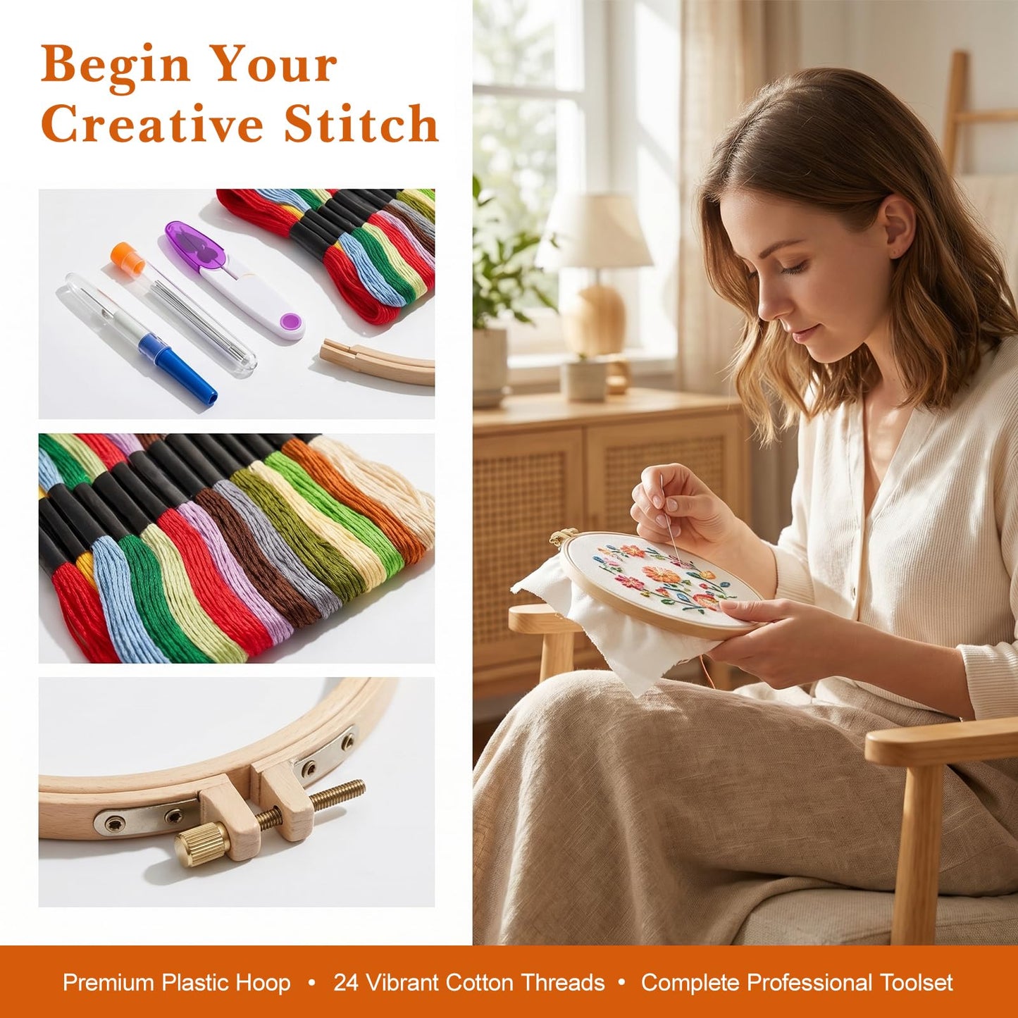Tofficu Upgraded Embroidery Stitch Book Kit - Beginner Cross Stitch Kit with 6-Ring Binder, 180 Patterns, 24-Color Threads & Tools, All-in-One Embroidery Starter Practice Book for Adults DIY Craft