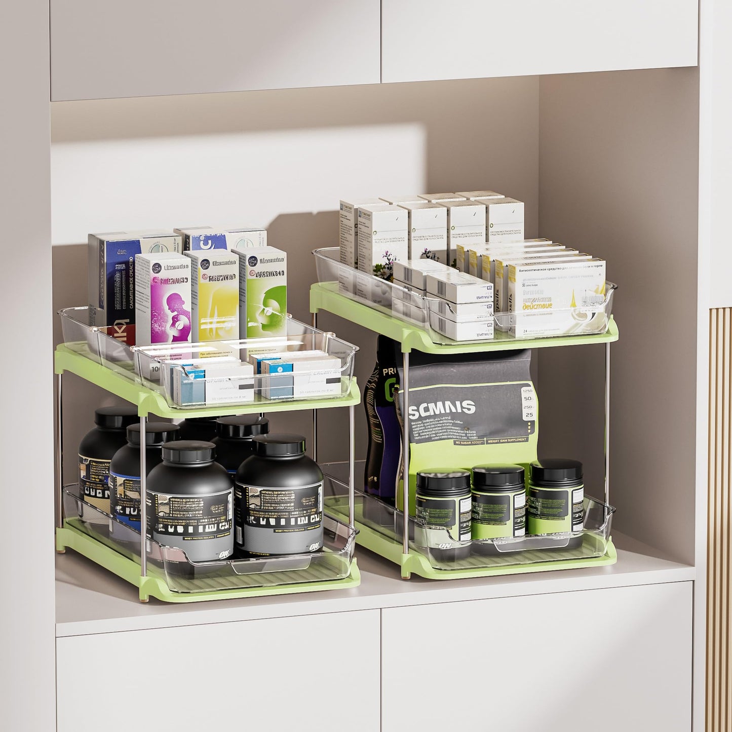 Delamu 2-Tier Multi-Purpose Bathroom Under Sink Organizers and Storage, Stackable Kitchen Pantry Organization, Pull Out Medicine Cabinet Organizer with Movable Dividers, White, 2 Pack