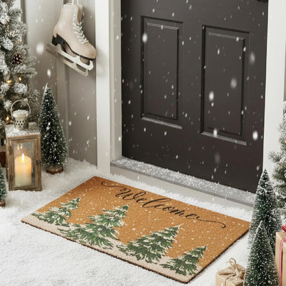 Winter Welcome Mats for Front Door, Faux-Coir Pinetree Door Mat 17x30 inch