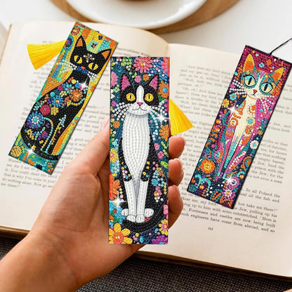 Puraikcmi 6 PCS 5D DIY Diamond Art Bookmarks Kit Cats Diamond Paintings Bookmarks Kits with Tassels Acrylic, Rhinestone Crafts Decoration Gift Set for Book Lovers Beginners & Adults
