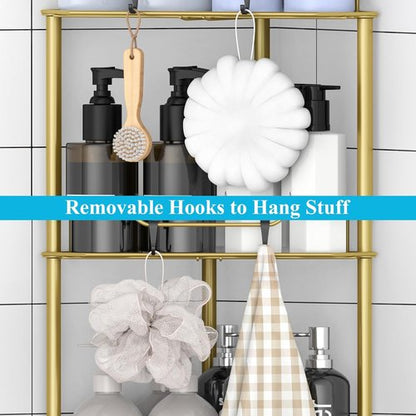 HuggieGems Corner Shower Caddy Organizer - 3 Tier Floor Stand with Hooks | Elegant Gold Finish