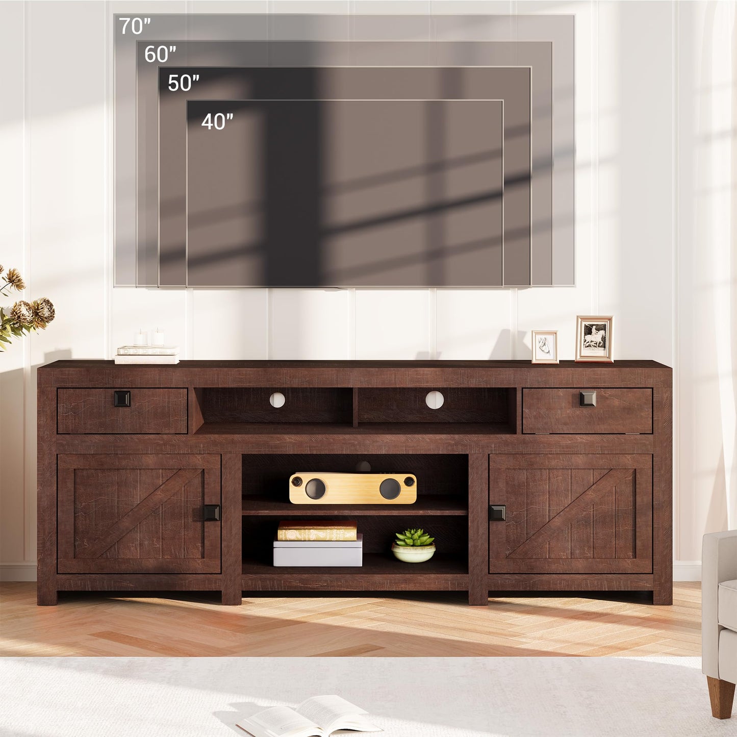 Farmhouse TV Stand for 75/80 Inch TVs, Long Entertainment Center with 4 Storage Drawers & 3 Open Shelf, Television Consoles Stands for Living Room, Bedroom