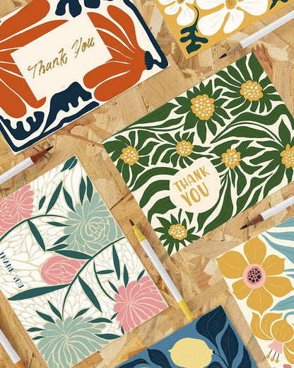 qiqee Color Contrast Flower Thank You Cards Greeting Gift Cards for Handwritten Messages 4x6 Inch 6 Design Birthday Thank You Notes (24pcs +24pcs Envelopes)