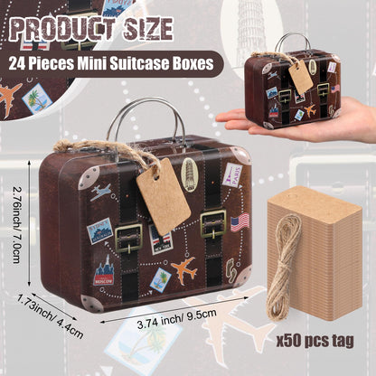 RimCereal 24 Pieces Mini Suitcase Party Favor Boxes Mini Luggage Gift Suitbox Small Travel Candy Tin Suitcase with Handle, Label and Twine for Travel Themed Party Bridal Shower Wedding Decoration