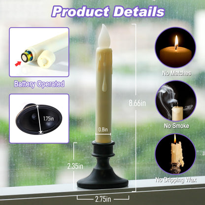 FREEPOWER Battery Operated LED Window Candles with Dusk to Dawn Sensor, Ivory Flameless Flickering Candlesticks with Suction Cups & Removable Black Base for Christmas Home Decor (6PCS)