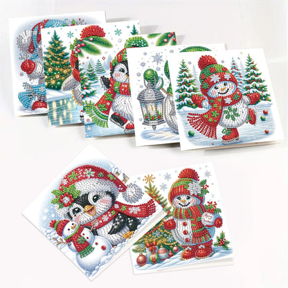 MVVMTOP 8pcs Christmas Diamond Painting Greeting Cards Christmas snowman & penguin, for Blessings and Wishes, Special Shape Crystal Partial Mosaic Making Craft, Paper Material, DIY Gifts for Holiday