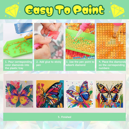 ICYANART 4 Pack Butterfly Diamond Art Painting Kits for Kids Butterfly Diamond Art Painting for Kids Ages 6-8-12 Gem Art Small for Girs for Gifts and Home Wall Decor 7x7inch