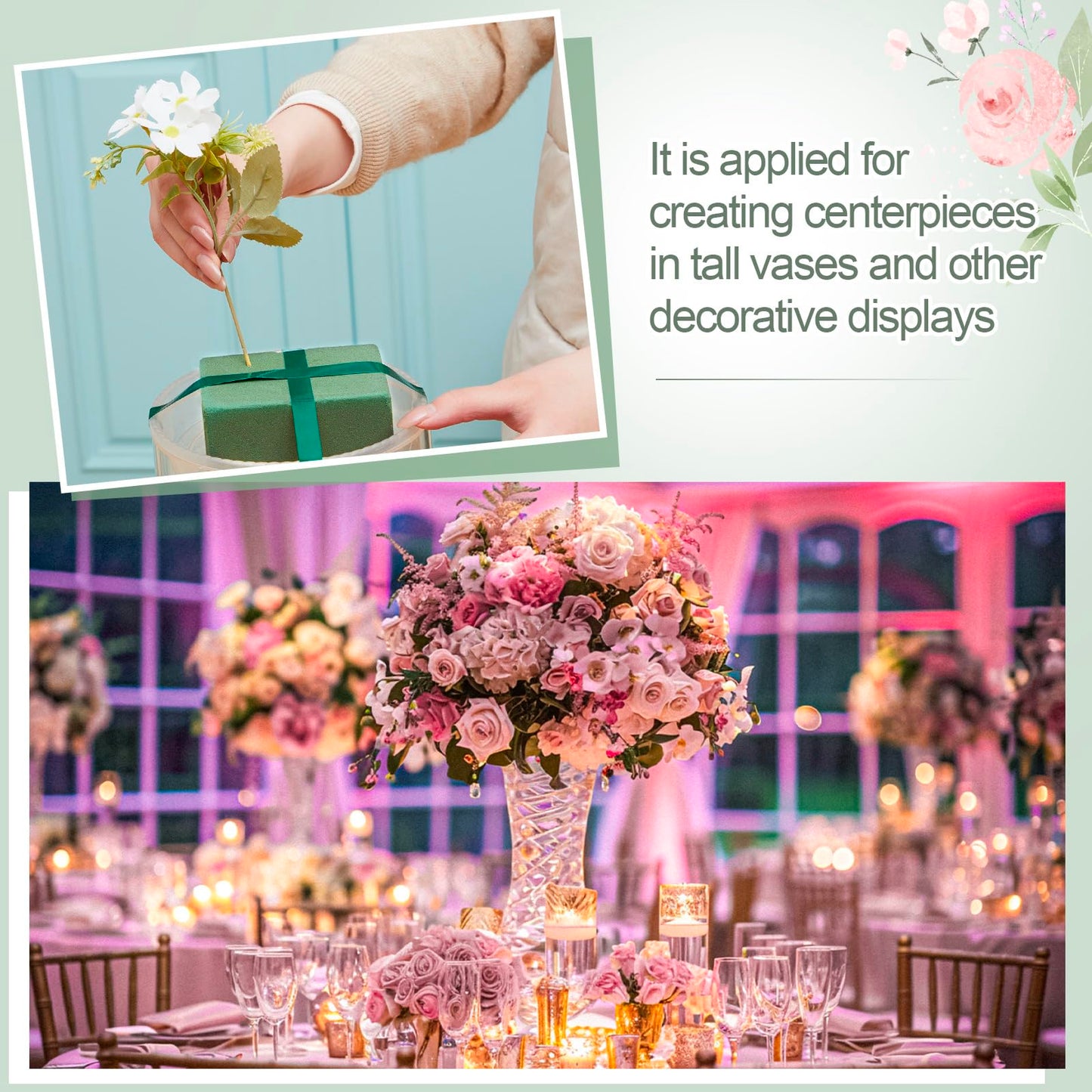 Sabary 12 Sets Flower Foam with 6 Inch Clear Plastic Bowl for Floral Arrangements Wet Floral Foam 2 Roll 32.8 yd Tape 30 Gram White Adhesive for Tall Vases Centerpiece Table Party Wedding Decor