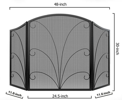 Kingson 3-Panel Arched Fireplace Screen Decorative, Handcrafted Scroll Wrought Iron Fireplace Spark Guard Cover - Black