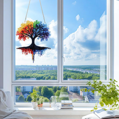 KEYIFA Tree of Life Diamond Art Hanging Kits with Chain, Special Shaped Drill Diamond Painting Pendant, Abstract Crystal Gem Art Pendant 5D Window Crafts for Wall Garden Door Decor, Width 7.9inch
