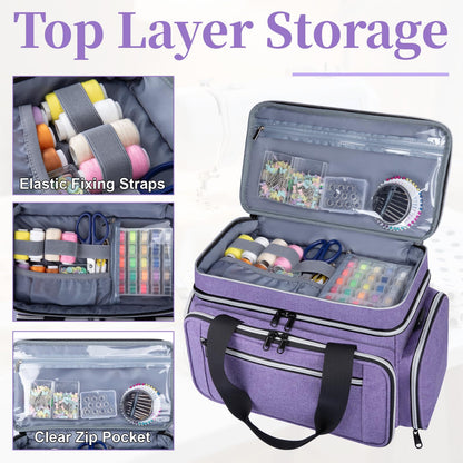 Anitor Large Sewing Supplies Organizer, Double Layer Sewing Storage Organizer with Two Detachable Dividers, Travel Sewing Bag Organizer with Shoulder Strap for Accessories, Purple, (Bag Only)