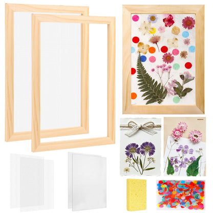 Aboofx Paper Making Kit, A4 Size Paper Making Screen Frame Kit, Wooden Mold and Deckle with Mesh, Absorbent Papers, Sponge and Confetti, DIY Handmade Papermaking Supplies Gift for Craft Lovers