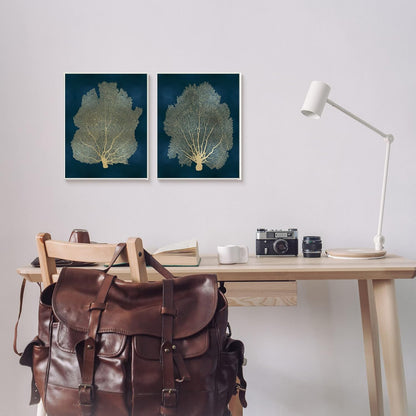 Stupell Industries Modern Sea Fan Composition Wall Plaque, Blue Gold Ocean Plant Decor, Green