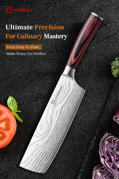 KEEMAKE 7 Inch Nakiri Knife - Japanese Kitchen Vegetable Cleaver, Razor Sharp German High Carbon Meat Slicing Cutter, Ergonomic Pakkawood Handle with Sheath, Father Day Gifts