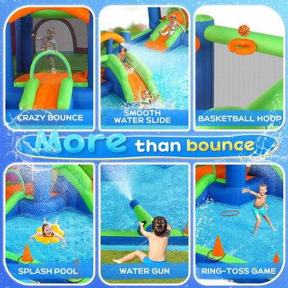 JOYMOR Inflatable Water Slide Bounce House for 3-6, 30s Blow Up Water Slide w/Basketball Hoop, Water Cannon, Ring-Toss Game, Inflatable Water Bounce House w/Slides, Air Blower (Blue/Green)
