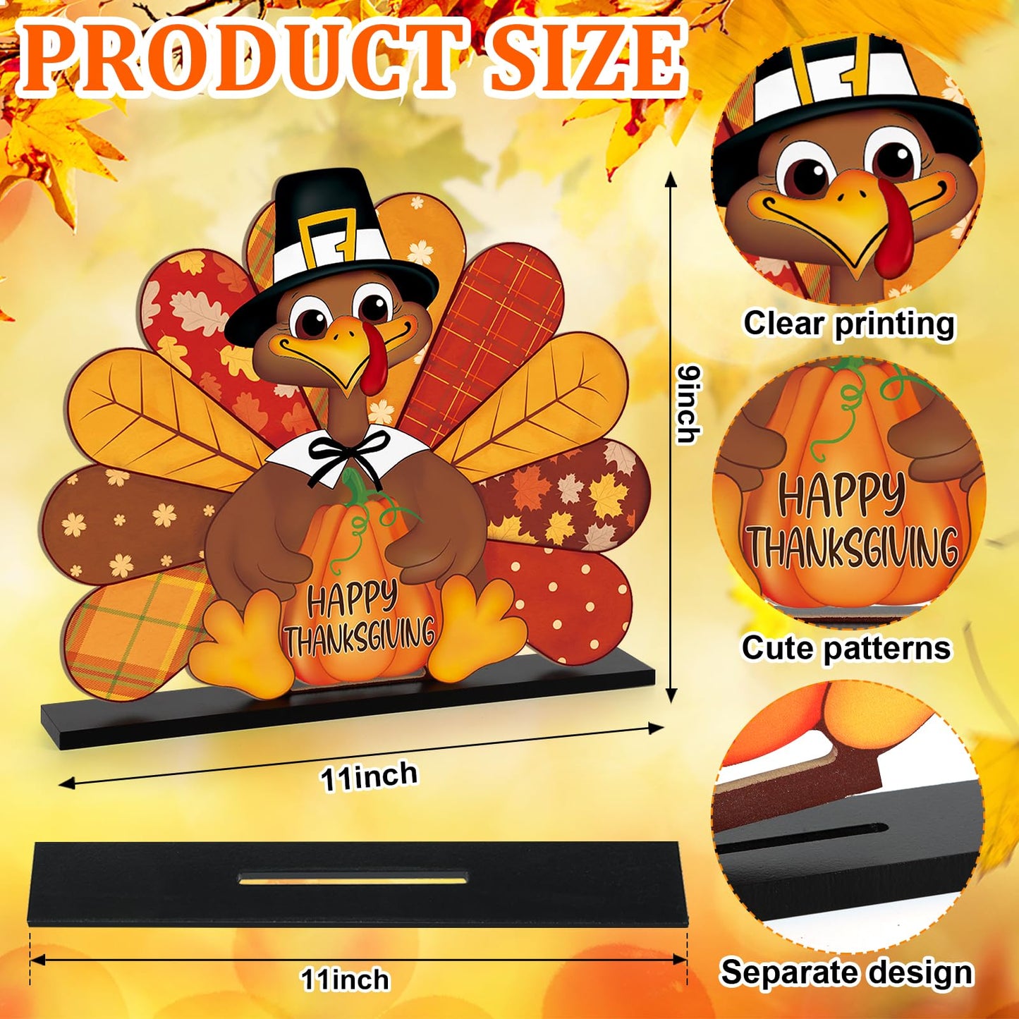 Thanksgiving Decorations Wooden Turkey Table Sign Fall Pumpkin Autumn Table Centerpieces Standing Tabletop Happy Thanksgiving for Holiday Harvest Home Room shelf Farmhouse Decorations Thanks Gives