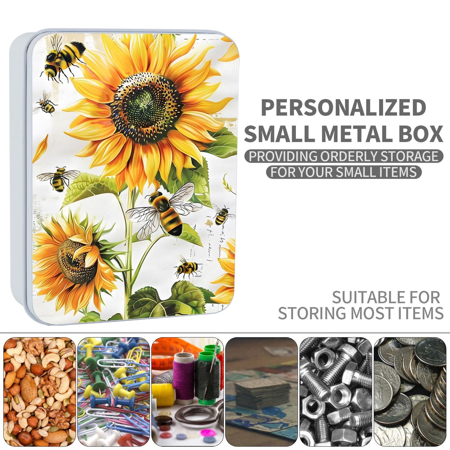 ETLKJVBL Metal Tin Box Sturdy Metal Storage Box with Lid, Large Container Holder for TCG Cards,Car Keys,Cookies,Tin Containers for Gift,5.0x3.7x1.6 Inch,Exquisite Pattern Design(Bee Sunflowers)