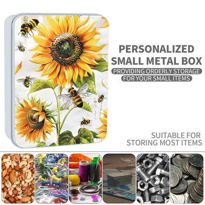 ETLKJVBL Metal Tin Box Sturdy Metal Storage Box with Lid, Large Container Holder for TCG Cards,Car Keys,Cookies,Tin Containers for Gift,5.0x3.7x1.6 Inch,Exquisite Pattern Design(Bee Sunflowers)