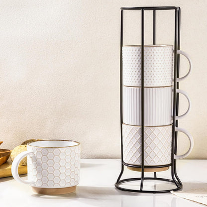 12OZ Set 4 GBhome Stackable Coffee Mugs with Stand, Ceramic Coffee Mugs with Texture Patterns for Man,Woman,Dad,Mom