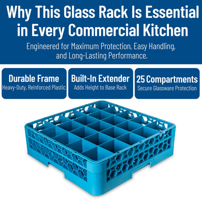 Carlisle FoodService Products Opticlean 25-Compartment Glass Rack with 1 Extender, Blue , 5.56"