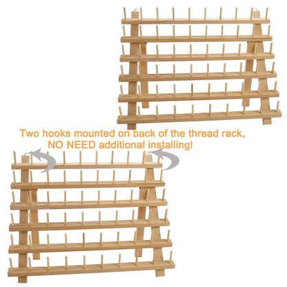 New brothread 2X60 Spools Wooden Thread Rack/Thread Holder Organizer with Hanging Hooks for Embroidery Quilting and Sewing threads