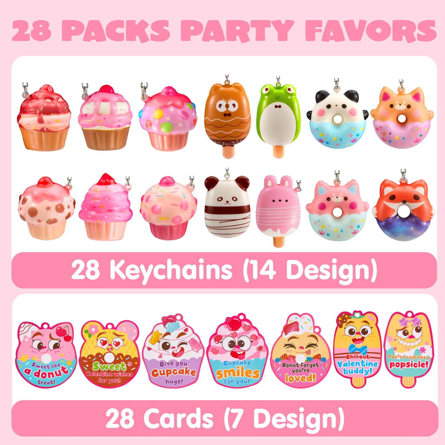 JOYIN 28 Packs Valentine Dessert squishy toys Stress Relief Keychains with Fun Dessert Cards, PU Donuts Squishy Toys, Cupcake & Popsicles Keychain, Slow-Rising Toy for Kids Classroom Gift Party Favor