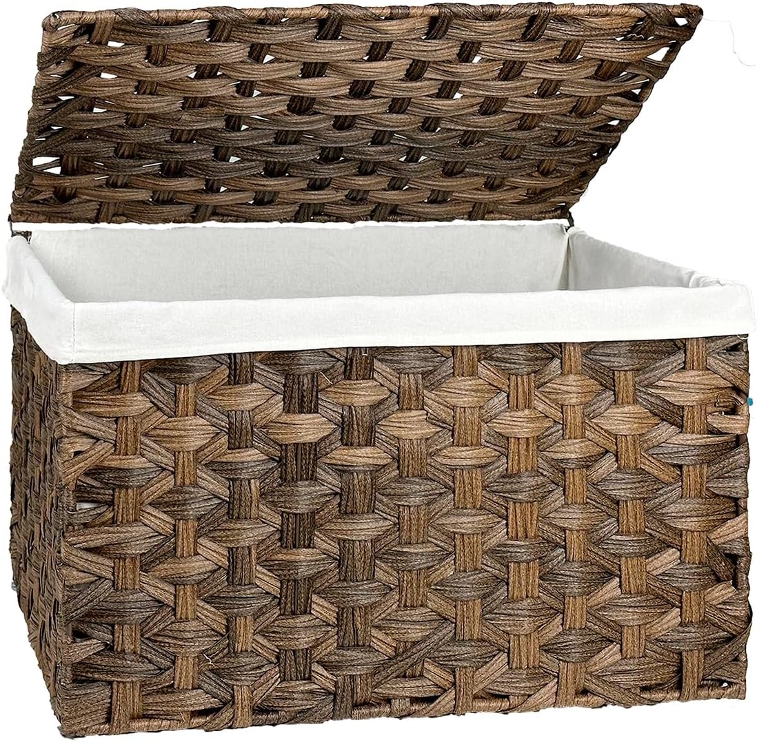 Storage Basket with Lid, 17.2 Gallon Wicker Storage Trunk with Handles, Handwoven Basket for Living Room